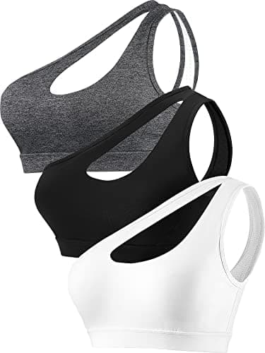 Geyoga 3 Pieces One Shoulder Sports Bra Running Removable Padded Yoga Top Cute Workout Black Bra Top White Grey Wirefree Strappy Bralette Medium Support for Girls Women