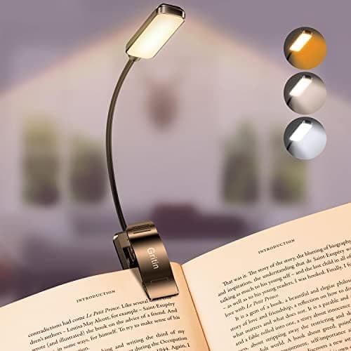 Gritin 9 LED Rechargeable Book Light for Reading in Bed - Eye Caring 3 Color Temperatures,Stepless Dimming Brightness,12+Hrs Runtime Small Lightweight Clip On Book Reading Light for Kids,Studying
