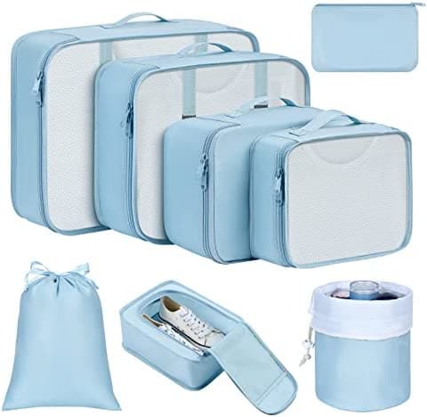 Packing Cubes for Travel, 8Pcs Travel Cubes Set Foldable Suitcase Organizer Lightweight Luggage Storage Bag (Blue)
