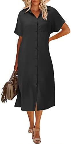 Zeagoo Womens Shirt Dress Casual Short Sleeve Button Down Dress Belt Side Slit Midi Dresses with Pockets