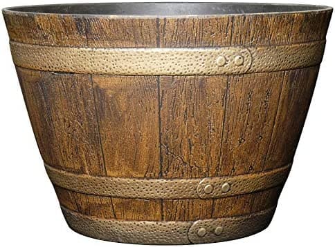Classic Home and Garden Whiskey Resin Flower Pot Barrel Planter, Oak Brown, 15"