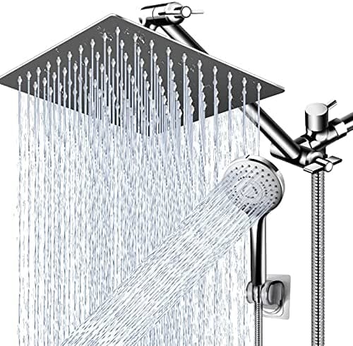 12 Inch Shower Head Combo,High Pressure Rain Shower Head with 11 Inch Adjustable Extension Arm and 5 Settings Handheld Shower Head Combo,Powerful Shower Spray Against Low Pressure Water with Long Hose