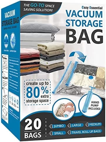 20 Pack Vacuum Storage Bags, Space Saver Bags (4 Jumbo/4 Large/4 Medium/4 Small/4 Roll) Compression Storage Bags for Comforters and Blankets, Vacuum Sealer Bags for Clothes Storage, Hand Pump Included