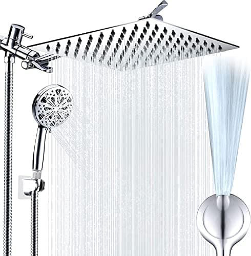 12" High Pressure Rain Shower Head, Shower Head with 11 Inch Extension Arm, 10-mode Handheld Shower Head with Holder/Hose, Built-in Power Wash to Clean Tub, Tile & Pets, Flow Regulator, Chrome