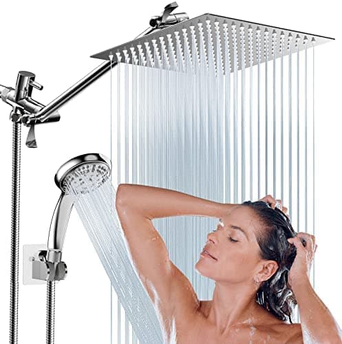 Shower Head, 10" High Pressure Rainfall Shower Head with 11" Adjustable Extension Arm and 9 Settings Handheld Showerhead Combo with Holder, Retractable 59" Hose, Flow Regulator, Chrome