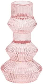 Talking Tables Baby Pink Glass Candlestick Holder | Ribbed 3 Tier Taper Candle Stand for Home Décor, Accessories, Table Decorations, Indoor or Outdoor Dinner Party, Birthday, Wedding